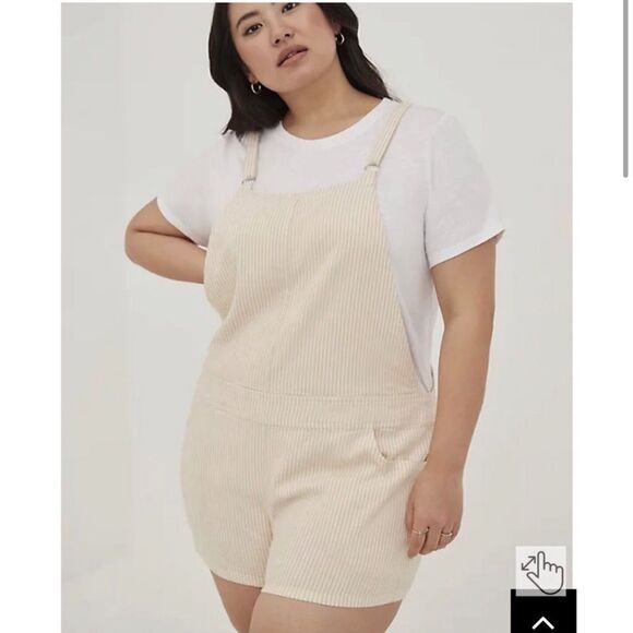 NWT 3x Torrid 3.5 Inch Stretch Linen Blend Shortall overalls pen mark on pocket - Picture 2 of 13